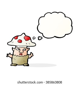 cartoon little mushroom man with thought bubble
