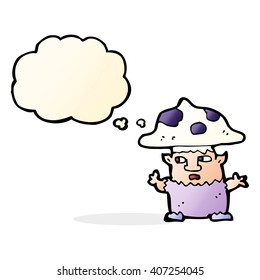 cartoon little mushroom man with thought bubble