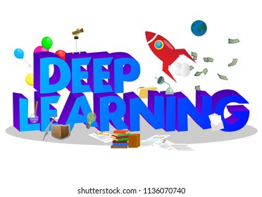 Cartoon little objects with word Deep Learning. Miniature scene of books, papers, light bulb, balloons and other objects.