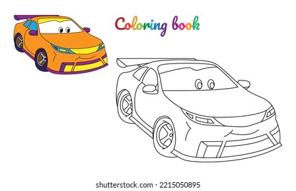 Cartoon little orange car sedan for boys. Small funny vector cute vehicle with eyes and mouth. Comic character for kids on white background. Coloring page for children, color and linear illustration.
