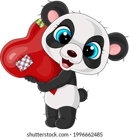 Cartoon little panda holding red heart