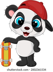 Cartoon little panda holding skateboard