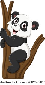 Cartoon little panda on tree branch