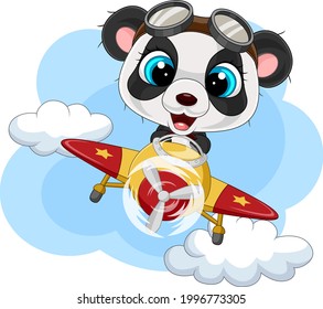 Cartoon little panda operating a plane