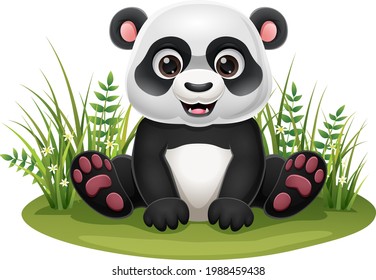 Cartoon little panda sitting in the grass