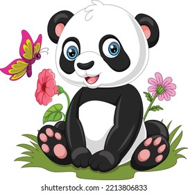 Caricatura pequeña panda sentada en la hierba