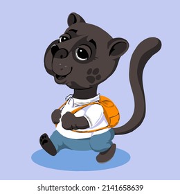 cartoon little panther cheerfully walks with a backpack.