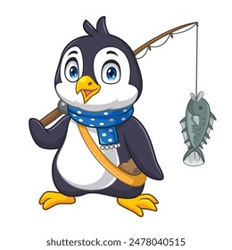 Cartoon little penguin holding a fishing rod carrying fish