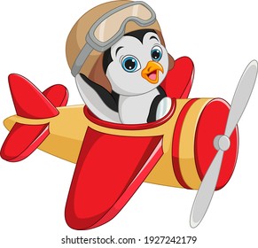 Cartoon little penguin operating a plane