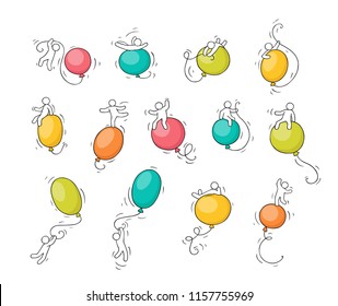 Cartoon little people with baloons. Comic hand drawn template with little people. Vector isolated on white background.