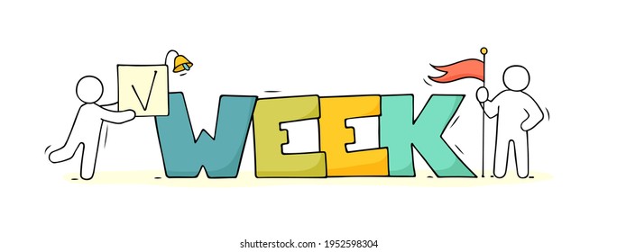 Cartoon little people with big word Week. Hand drawn vector illustration for marketing, business design, discount label.