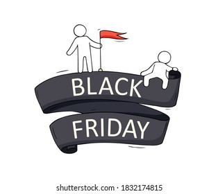 Cartoon little people with big words Black Friday. Hand drawn vector illustration for marketing, sale design, discount label.