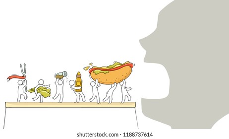 Cartoon little people carry fast food. Doodle cute miniature scene of workers with fast food and big head. Hand drawn vector illustration for menu design.