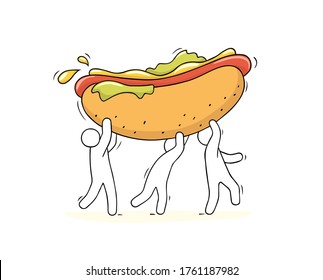 Cartoon little people carry hot dog. Doodle cute miniature scene of workers with fast food. Hand drawn vector illustration for menu design.