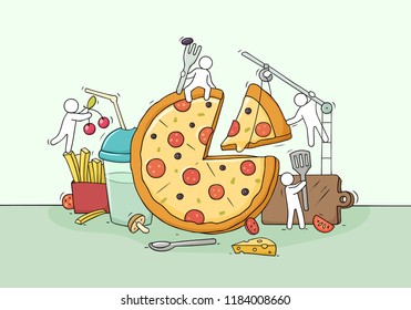 Cartoon little people cooking pizza. Doodle cute miniature scene of workers with fast food. Hand drawn vector illustration for menu design.