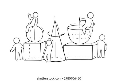 Cartoon little people with different geometry figures. Doodle cute miniature scenes of workers and trigonometry forms. Hand drawn vector illustration for school and science design.