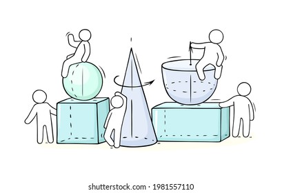 Cartoon little people with different geometry figures. Doodle cute miniature scenes of workers and trigonometry forms. Hand drawn vector illustration for school and science design.