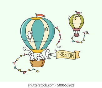 Cartoon little people fly in air. Doodle cute miniature scene of workers with air balloons. Hand drawn cartoon vector illustration for adventure design.