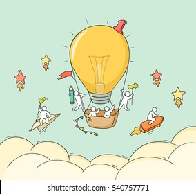 Cartoon little people fly in air. Doodle cute miniature scene of workers with air balloon form lamp idea. Hand drawn vector illustration for business design.