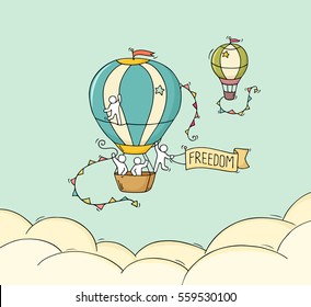 Cartoon little people fly in air. Doodle cute miniature scene of workers with air balloons. Hand drawn cartoon vector illustration for adventure design.