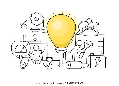 Cartoon little people with lamp idea. Hand drawn scene about creative cooperation. Vector isolated on white background.