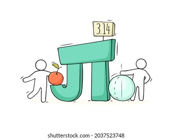 Cartoon little people with mathematical symbol Pi. Doodle cute miniature scene - workers and geometry. Hand drawn vector illustration for school design.