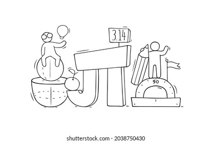 Cartoon little people with mathematical symbol Pi. Doodle cute miniature scene - workers and geometry. Hand drawn vector illustration for school design.