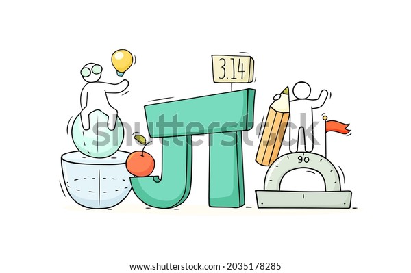 Cartoon little people with mathematical\
symbol Pi. Doodle cute miniature scene - workers and geometry. Hand\
drawn vector illustration for school\
design.