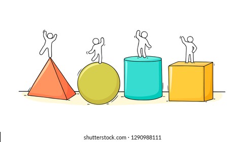 Cartoon little people with mathematical symbols. Doodle cute miniature scenes of workers geomatric forms. Hand drawn vector illustration for school design.