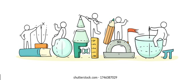 Cartoon little people with mathematical symbols. Doodle cute miniature scenes of workers geomatric forms. Hand drawn vector illustration for school design.