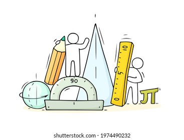 Cartoon little people with mathematical symbols. Doodle cute miniature scene - workers and geomatric forms. Hand drawn vector illustration for school design.