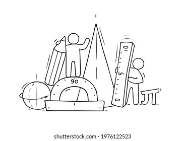 Cartoon little people with mathematical symbols. Doodle cute miniature scene - workers and geomatric forms. Hand drawn vector illustration for school design.