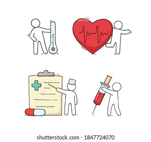 Cartoon little people with medical objects. Doodle vector illustration about medicine isolated on white background.