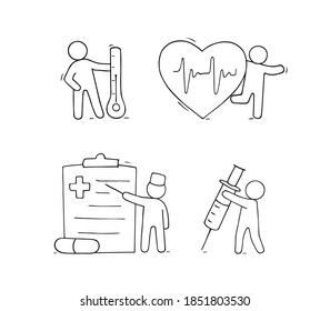 Cartoon little people with medical objects. Doodle vector illustration about medicine isolated on white background.