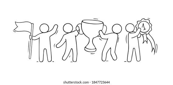 Cartoon little people with victory symbols. Doodle cute miniature scene of workers preparing for the celebration. Hand drawn vector illustration for business design.