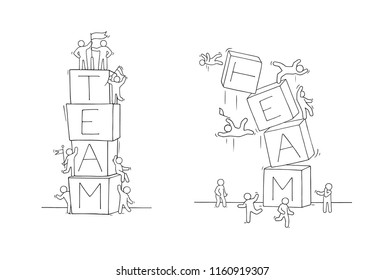 Cartoon little people with word Team. Hand drawn scene about cooperation. Vector isolated on white background.