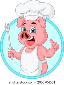 Cartoon little pig chef holding a fork