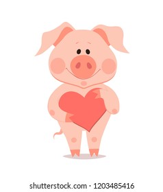 Cartoon little pig with heart in hand. The year of the pig. Chinese New Year.