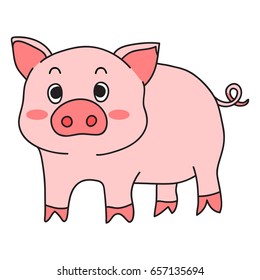 Cartoon little pink pig,Hand drawn,Vector,Illustrations.