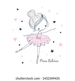 Dibujo de la pequeña Prima Ballerina. Gráfico vectorial lineal simple aislado en un fondo blanco. Ilustración de moda para ropa infantil. Uso para impresión, diseño de superficie, desgaste de moda