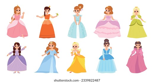 Cartoon little princess children, cute princesses in magic beautiful dress. Babies fairy lady characters, adorable queen snugly vector set