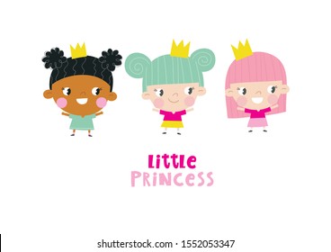 Cartoon Little princess vector print. Funny children vector illustration