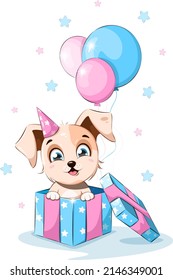 Cartoon little puppy sitting in a gift box with balloons