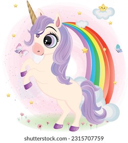 Cartoon little Purple magical unicorn with rainbow