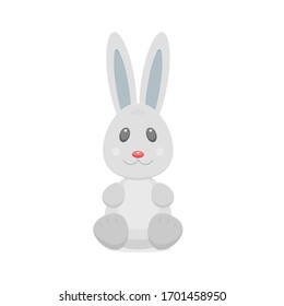 Cartoon little rabbit character isolated on white background. Sitting bunny with ears in grey colors with red nose. Vector illustration of funny animal for design.
