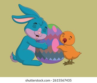 Cartoon little rabbit with chick and easter egg vector illustration