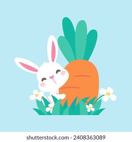 Cartoon little rabbit hugging a carrot easter egg festival decorative elements