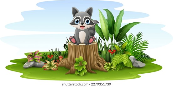 Cartoon little raccoon sitting on tree stump