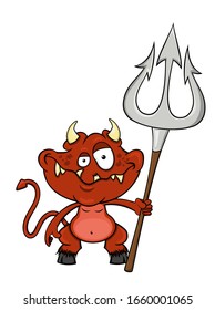 Cartoon little red devil with a pitchfork in his hand. vector. isolated on white background. stock illustration