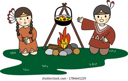Cartoon of little red Indian are cooking their meal on campfire. Simple cute hand draw line vector and minimal icons flat style character illustration.